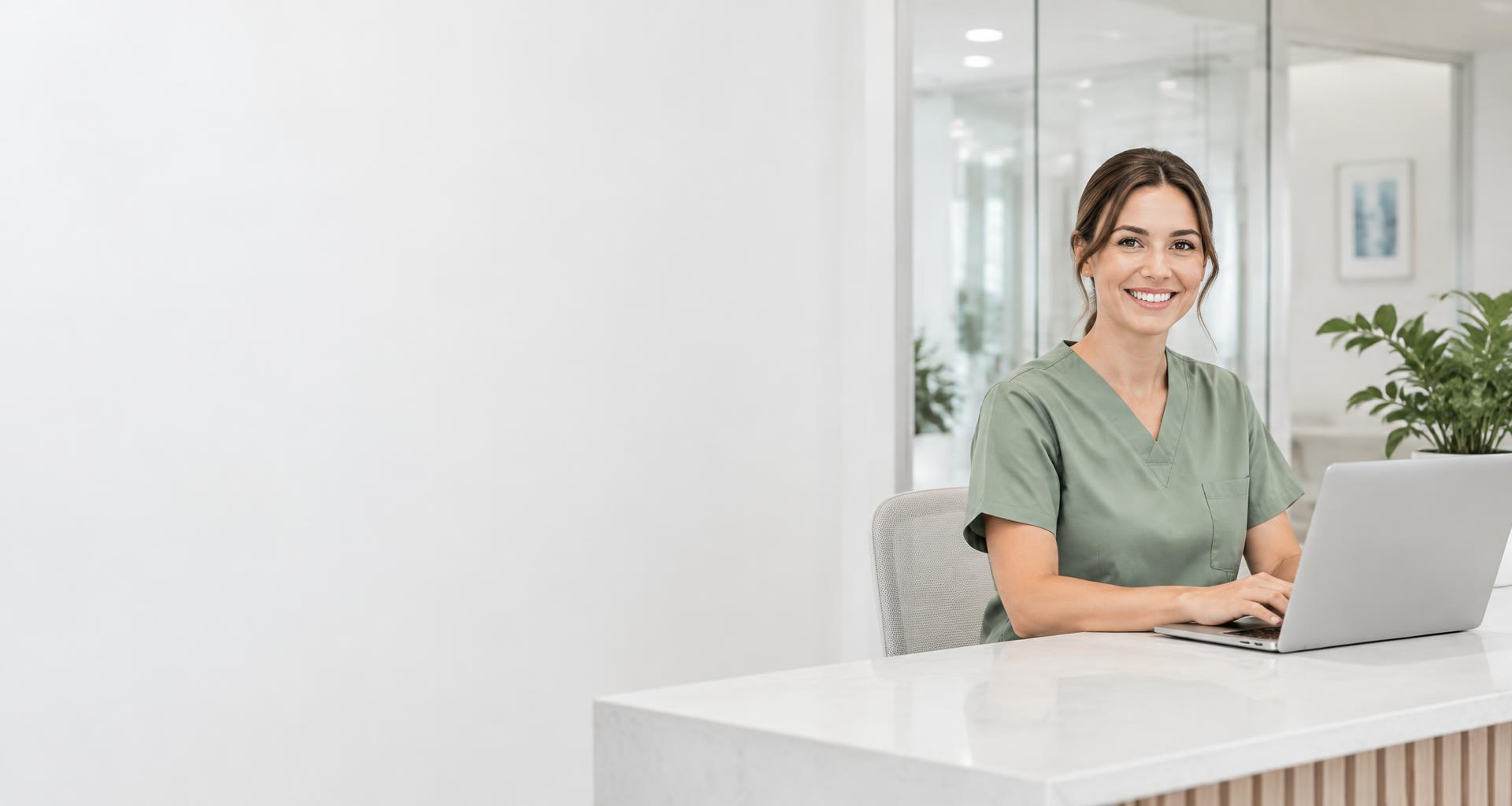 A welcoming healthcare receptionist at a bright modern clinic
